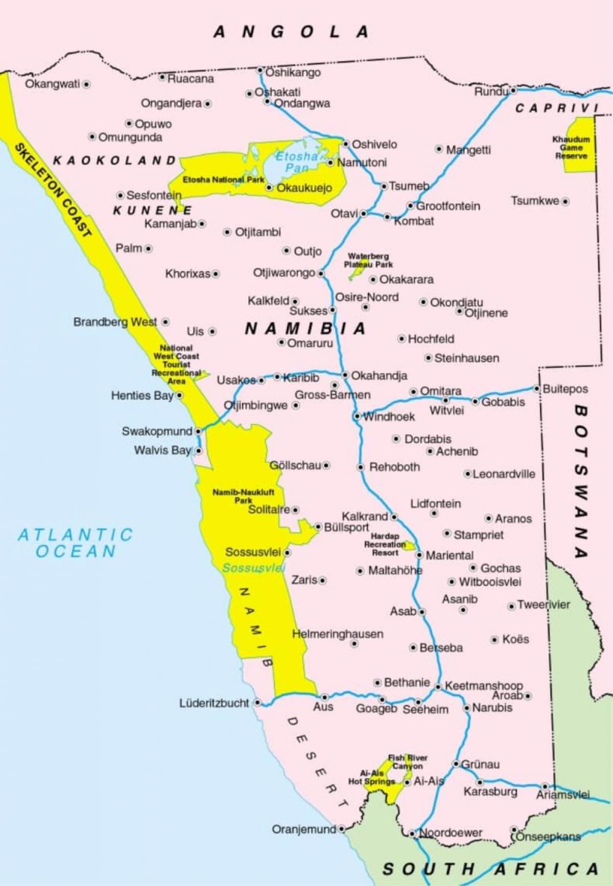 Mapa Namibie ukazuje měst