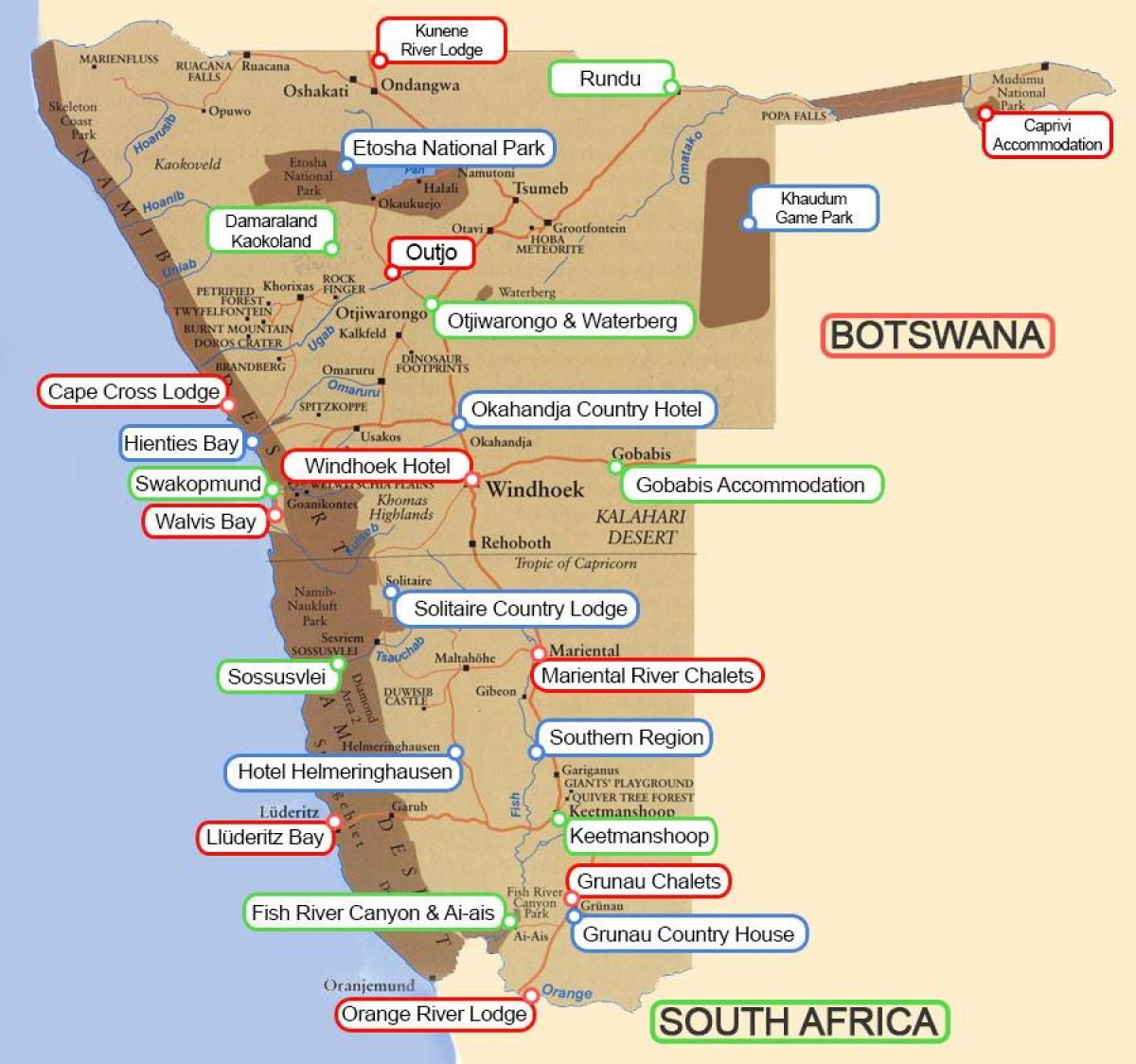 Mapa Namibie chaty