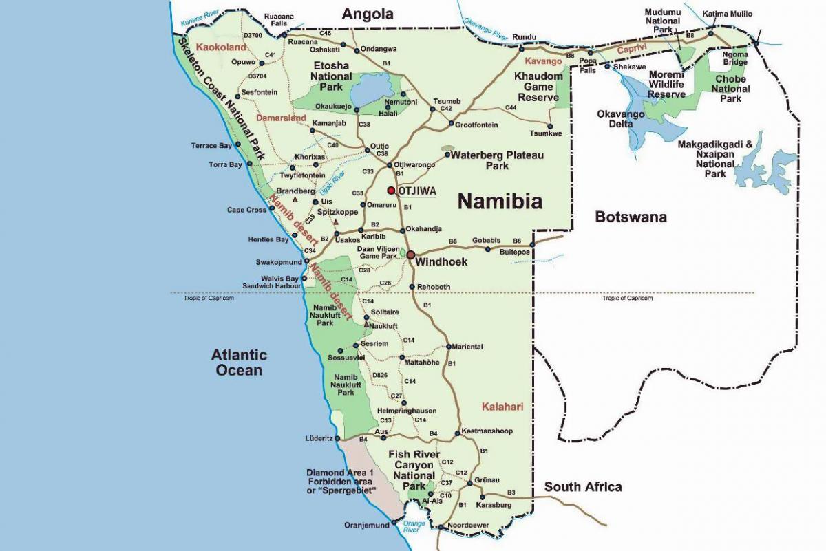 pobřeží koster v Namibii mapě